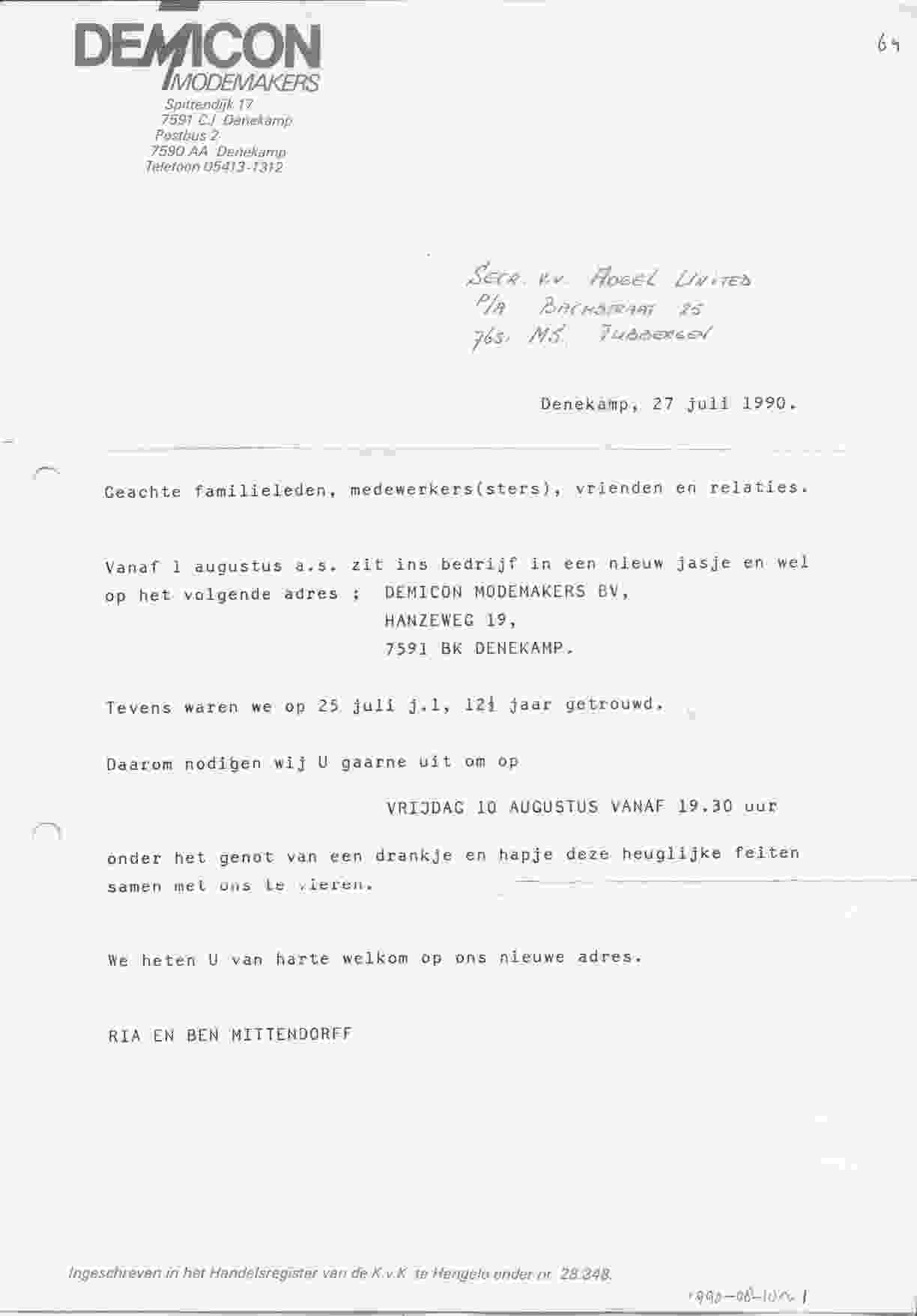 Uitnodiging bruiloft Ben en Ria Mittendorff op 1990-08-10