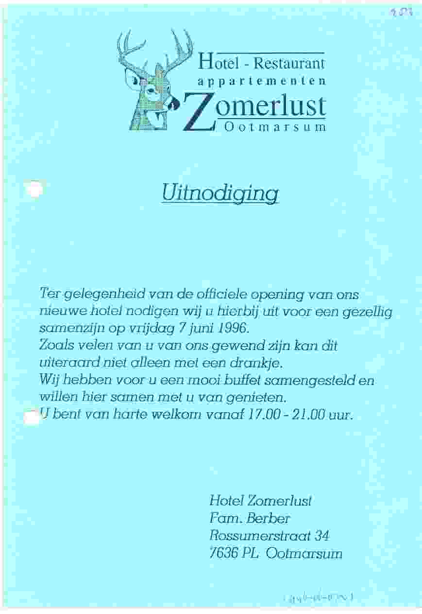 Uitnodiging voor opening van hotel door Adam Berberop 1996-06-07