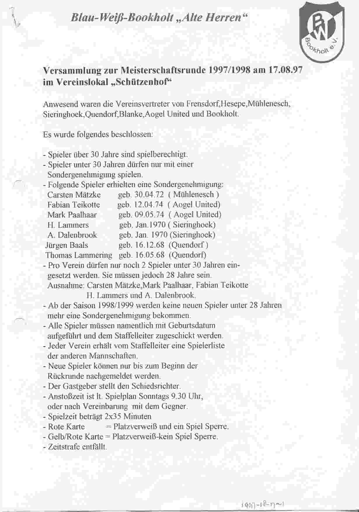 Notulen van de Versammlung in Bookholt op 1997-08-17