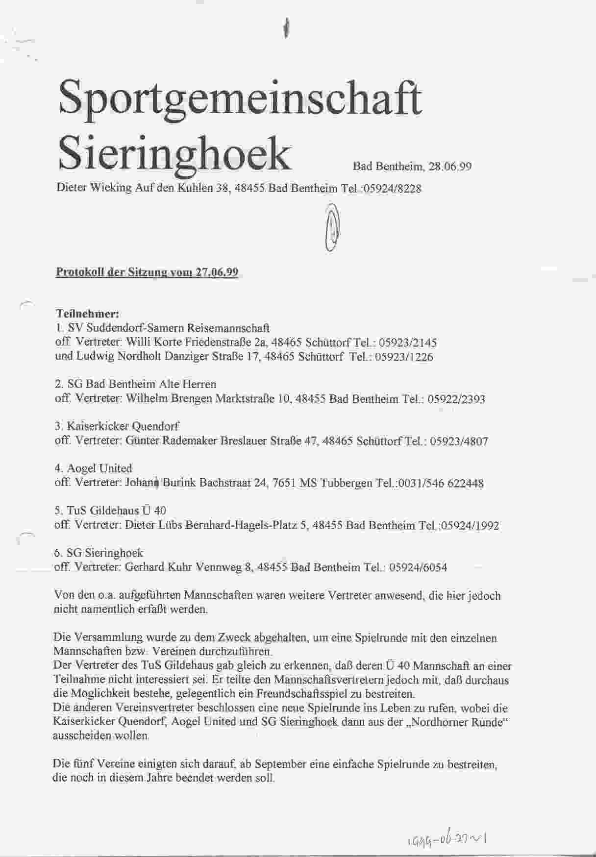 Protcol van de vergadering in Sieringhoek op 1999-06-27