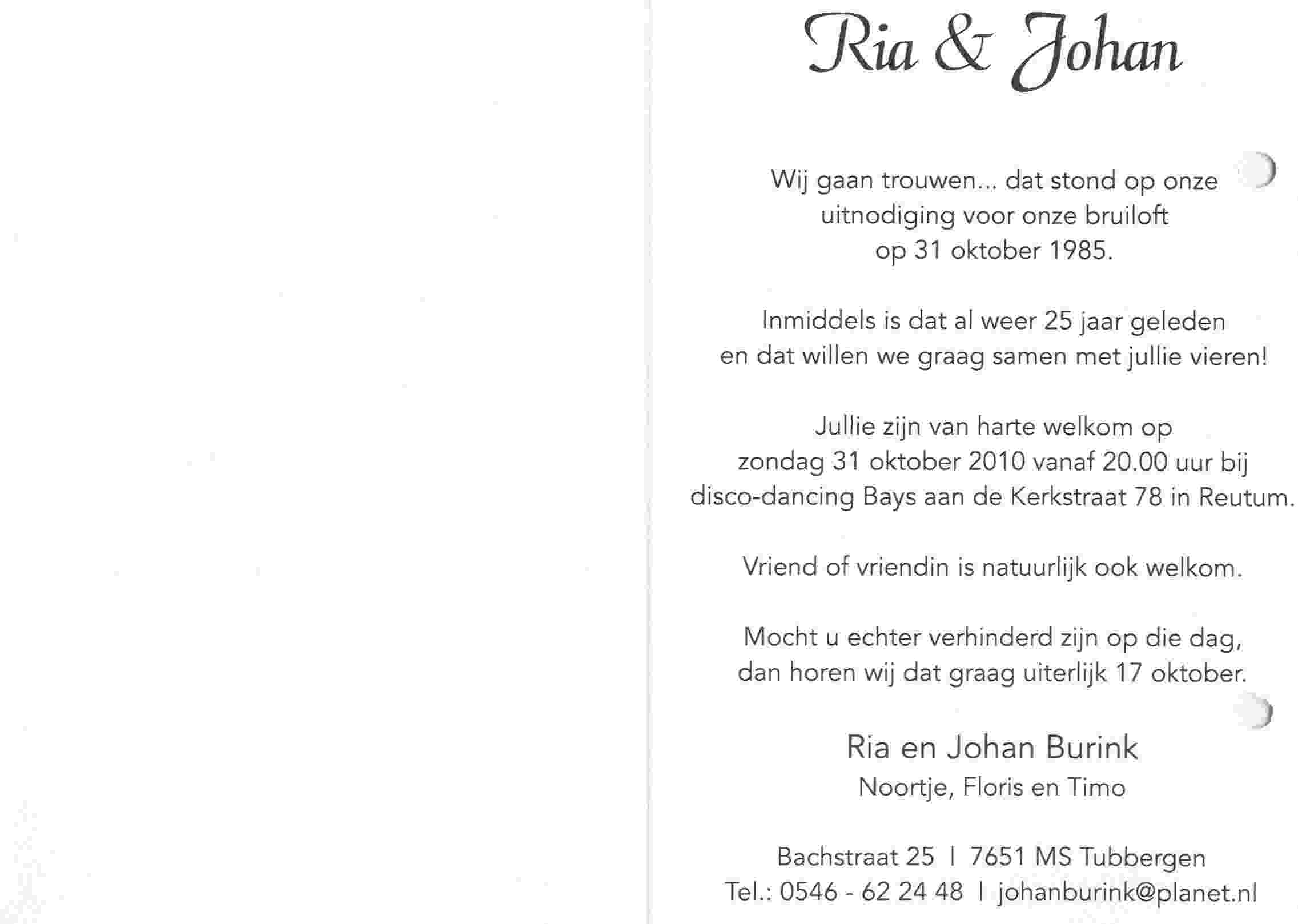 Johan en Ria Burink 25 jaar getrouwd op 2010-10-31